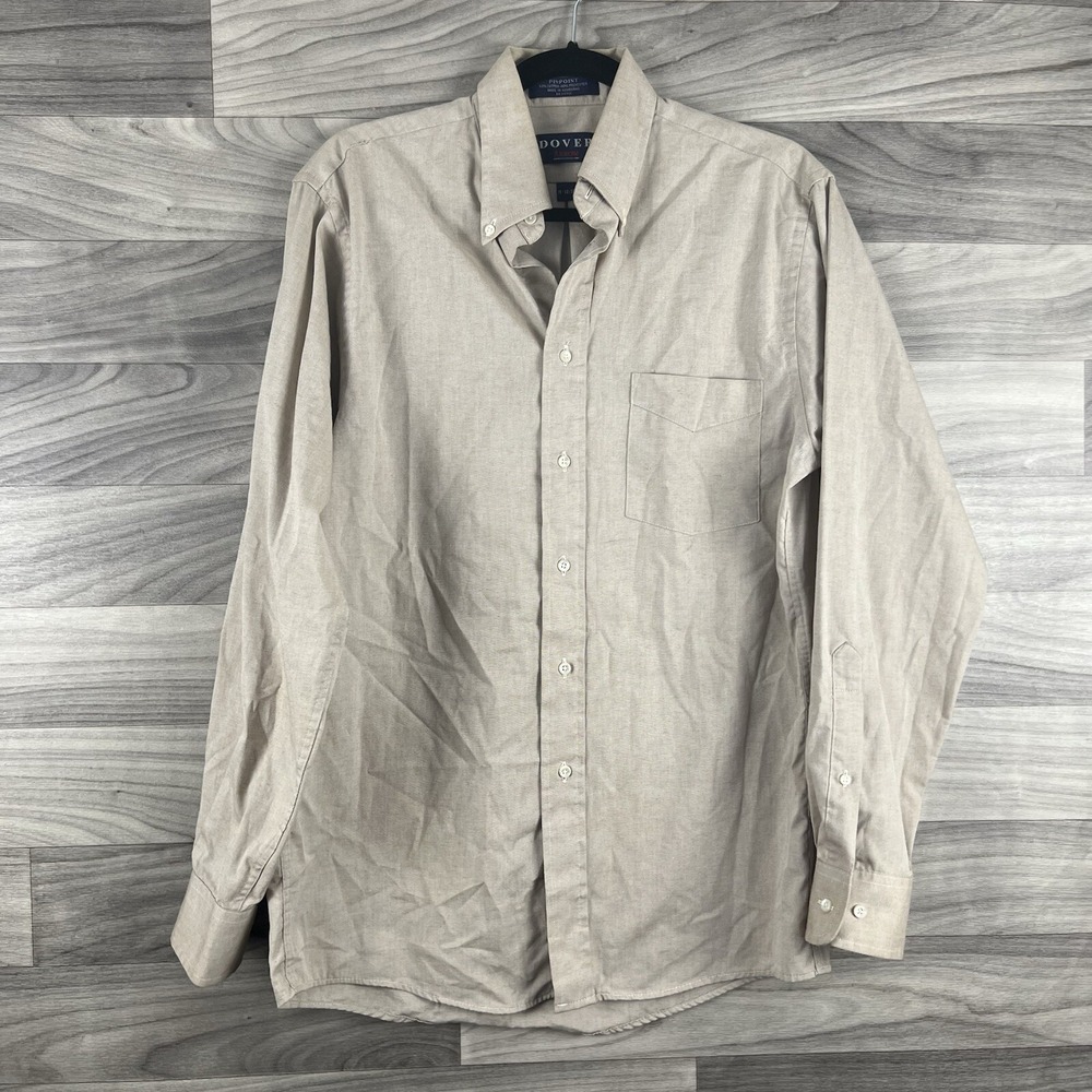 Arrow Dover Button Down Shirt Mens 15 32/33 Tan Beige Long Sleeve Collared